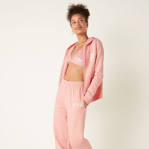 PINK Fleece Zip-Up Hoodie SET Chenille fur Logo Rosy Sweatpants - Picture 4 of 9